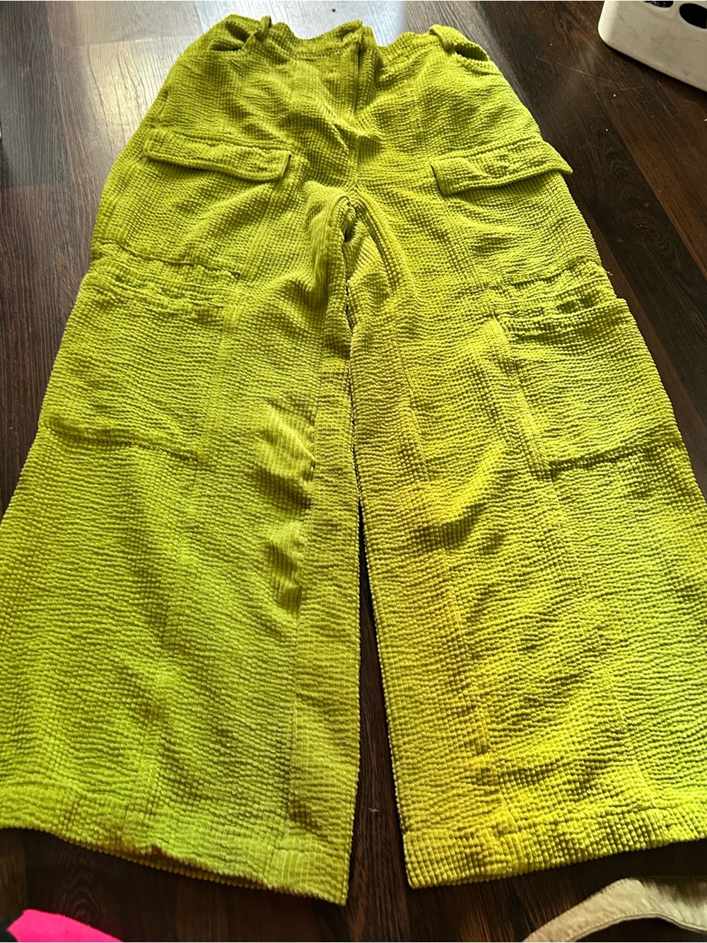 Bright Chartreuse Wide-Leg Textured Pants